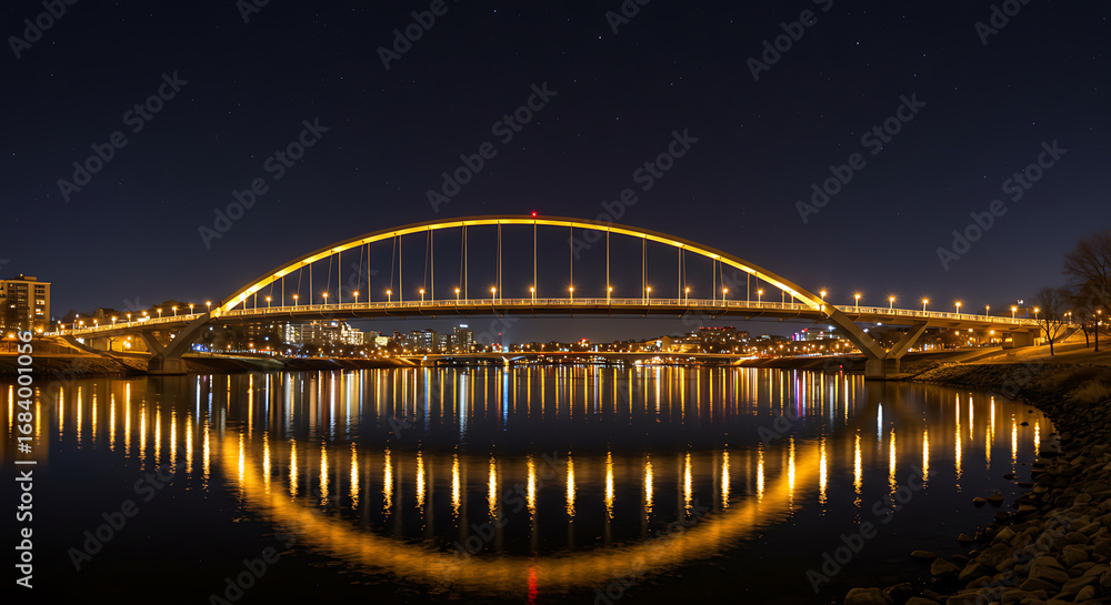 Naklejka premium An eye-level shot of a beautifully lit arch bridge, its lights mirroring on the calm water below under the night sky, evokes feelings of calm, wonder, and journey.