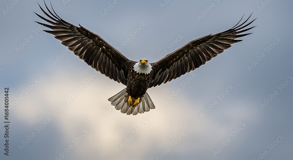 Naklejka premium An American bald eagle soars through the sky, its powerful wings outstretched in a breathtaking display of grace and freedom. Capture the majestic essence of this iconic bird of prey.