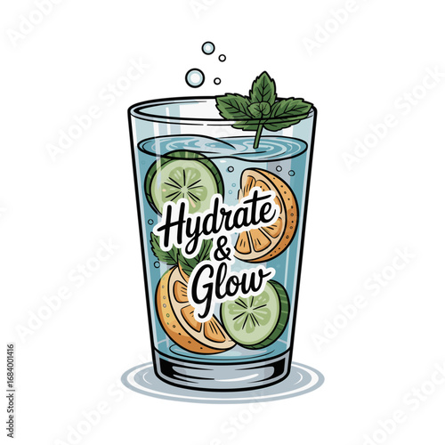 Glass of detox water, hand-drawn illustration, refreshing drink, vibrant colors