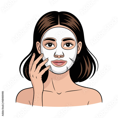 Woman with sheet mask, hand-drawn illustration, self-care routine, relaxing atmosphere