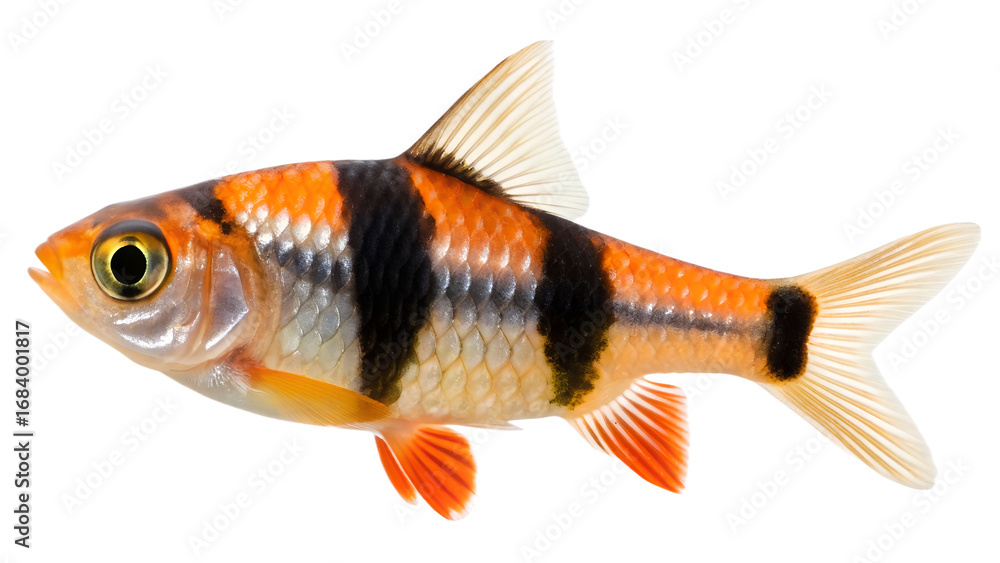 Fototapeta premium A clown rasbora with orange and black stripes, isolated on a transparent background
