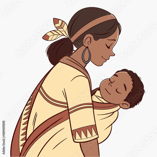 Indigenous woman carrying child in her arms.