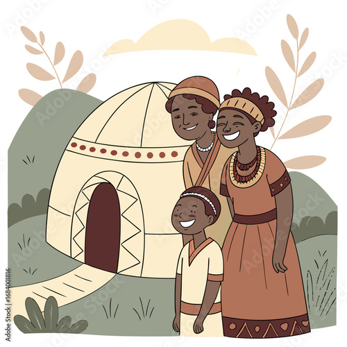 Indigenous family smiling in front of a hut.