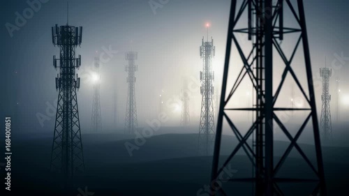 Foggy scene showing partially obscured RF communication towers imparting a mysterious and atmospheric quality to the antenna farm.