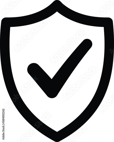 A simple black and white illustration of a shield with a checkmark inside, symbolizing security and approval.