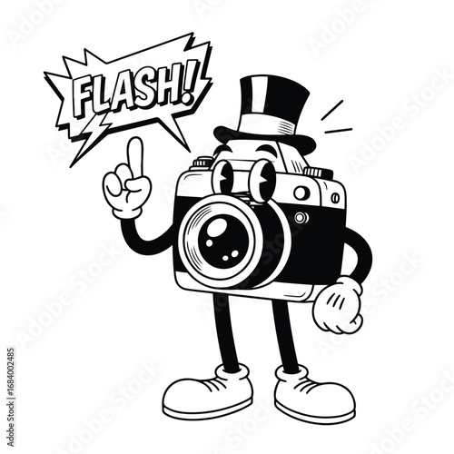 Retro cartoon camera character with top hat and flash bubble ready to capture memorable moments