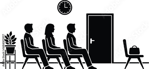 People waiting in a waiting room with a clock and a door.