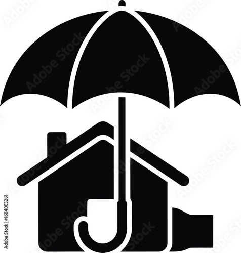 Black and white illustration of a house protected by an umbrella, symbolizing insurance.