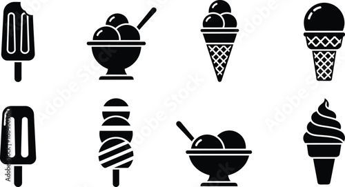 Collection of various ice cream treats, including cones, bowls, and popsicles, in a simple black and white style.