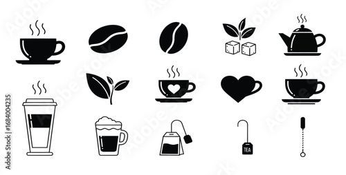A collection of black and white icons representing various coffee and tea beverages, ingredients, and accessories, including cups, beans, leaves, teapots, and frothers.