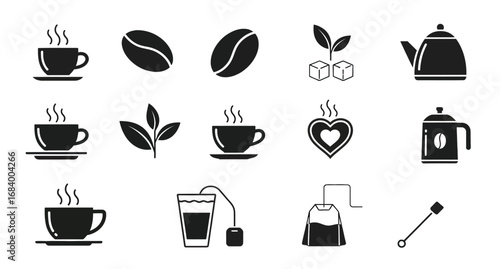 Collection of various coffee and tea related icons, including cups, beans, leaves, and teapots.