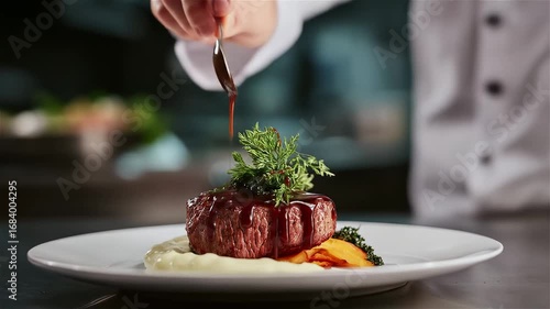Culinary mastery unfolds as a chef artfully garnishes a perfectly cooked steak with vibrant herbs in a high-end kitchen setting