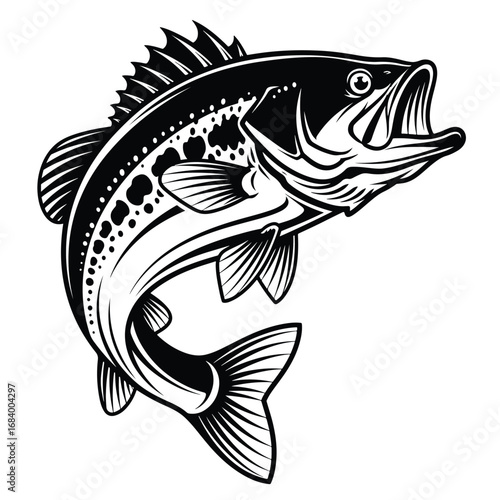 Dynamic jumping largemouth bass silhouette graphic element for fishing and outdoor enthusiast designs
