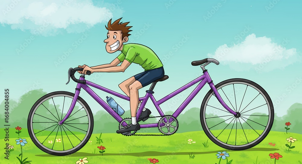 Obraz premium Man riding tandem bicycle through field