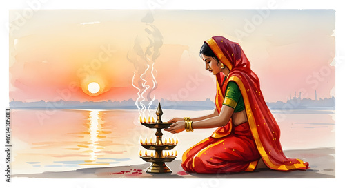 Indian woman performing sunset river aarti digital illustration