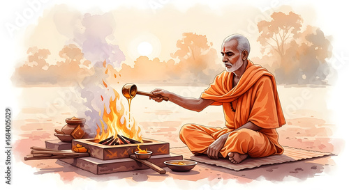 Hindu priest conducting fire havan ritual digital illustration