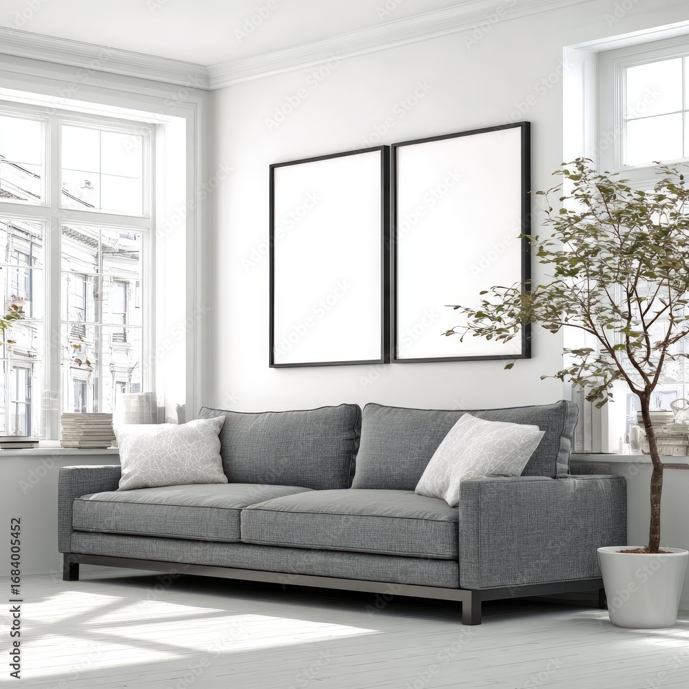 Fototapeta premium A contemporary living room featuring a gray sofa, two blank picture frames, and a potted plant, bathed in natural light.