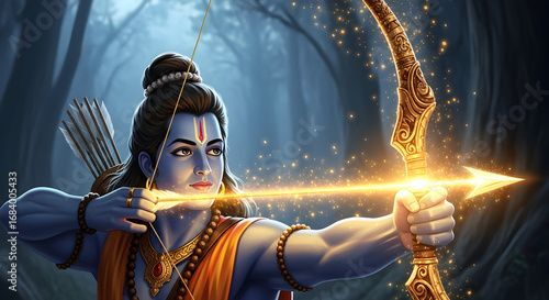 Lord Rama aiming golden arrow with divine bow in forest