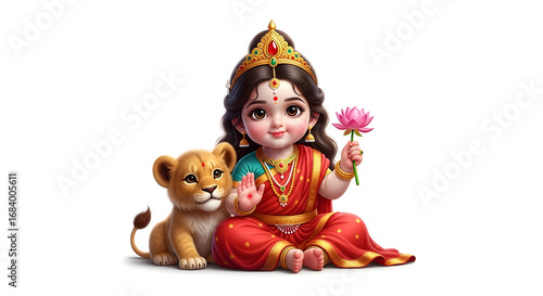 Baby Durga sitting with lotus and lion cub