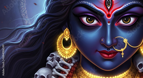 Goddess Kali fierce face with third eye and skull ornament