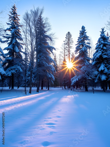 Early snowfall sunset in a winter forest park, snow covered trees, play of light, shadows on the snow, and colors. Beauty of the cold season. Blue sky background