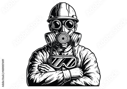 Industrial safety worker graphic silhouette with protective gear gas mask and hard hat