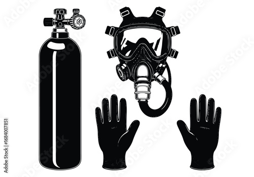 Scuba diving gear silhouette set featuring oxygen tank mask and gloves for underwater exploration safety