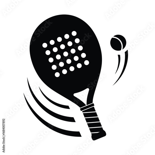Dynamic padel tennis silhouette of racquet and ball mid-hit action sports graphic element