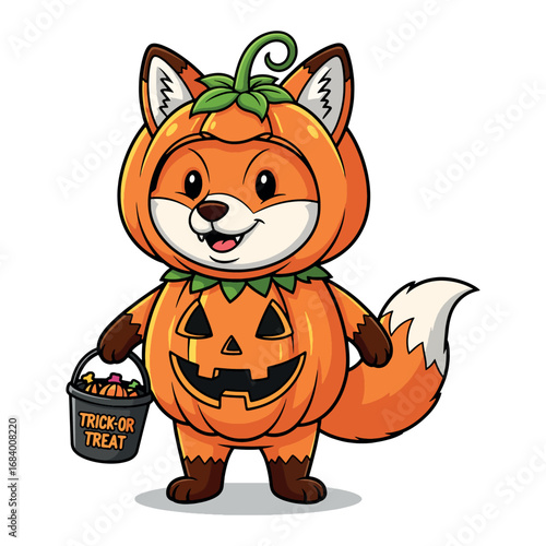 Cute Fox in Pumpkin Costume Holding Trick or Treat Candy Bucket Halloween Cartoon Illustration