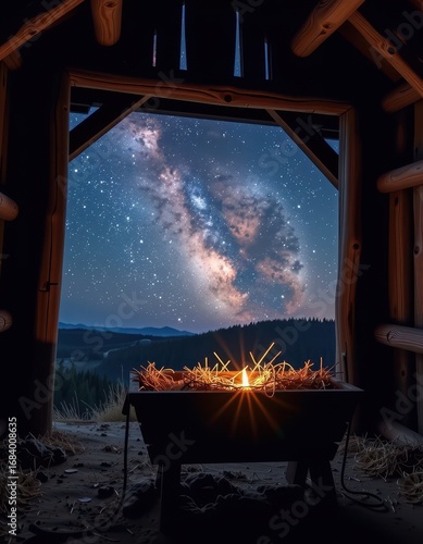 Starry night sky reflected in a dark wooden manger, rustic scene, peaceful, celestial, idyllic setting, night sky, universe, wood