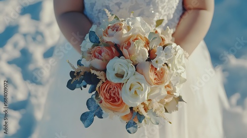 Stunning Peach and White Bridal Bouquet in Winter Snow