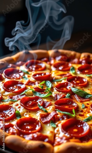 Hot, big pepperoni pizza with melting cheese, bacon, tomatoes, ham, and paprika; steam and smoke rising, paprika, pepperoni, lunch