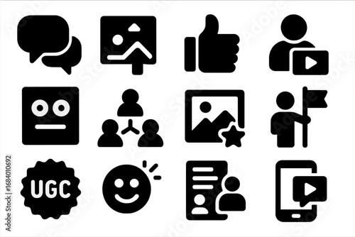 User Media Icons. Solid style icons of user-generated media: comment thread, post upload icon, content vote, user video clip, meme