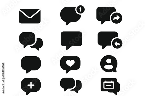 Social Chat Icons. Solid style icons of social chat platforms: direct message, chat notification, story reply, friend message,