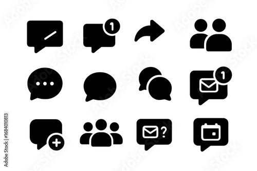 Social Chat Icons. Solid style icons of social chat platforms: direct message, chat notification, story reply, friend message,
