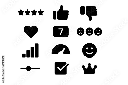 Rating Icons Collection. Solid style icons of rating systems: five-star rating, thumbs up, thumbs down, heart icon, numeric score,