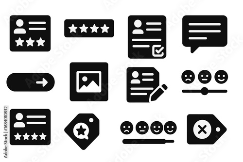 Review Form Icons. Solid style icons of review forms: review input, rating selector, review checkbox, comment field, submit button