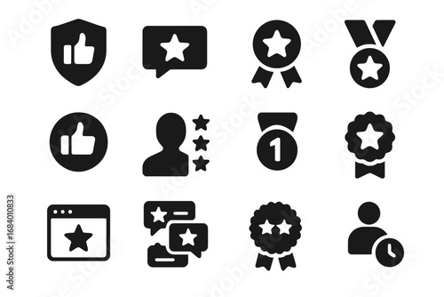 Solid Review Badges. Solid style icons of review badges and rewards: top reviewer badge, most helpful tag, trusted reviewer,