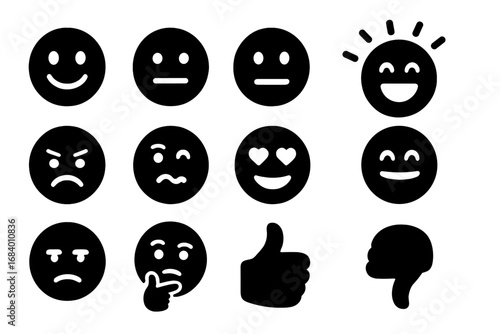 Emoji Rating Icons. Solid style icons of emoji-based ratings: happy face, neutral face, sad face, excited emoji, angry emoji,