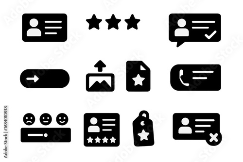 Review Form Icons. Solid style icons of review forms: review input, rating selector, review checkbox, comment field, submit button