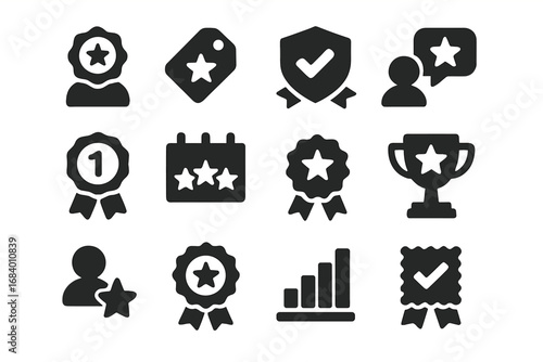 Solid Review Badges. Solid style icons of review badges and rewards: top reviewer badge, most helpful tag, trusted reviewer,