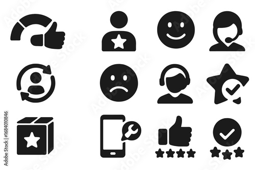 Customer Feedback Icons. Solid style icons of customer satisfaction ratings: thumbs up meter, customer star, smile feedback,