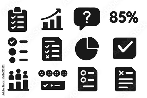 Survey Feedback Icons. Solid style icons of survey feedback: survey icon, poll results, question bubble, response percentage,