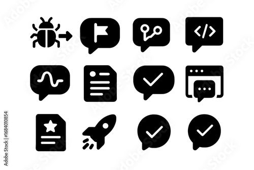 Developer Feedback Icons. Solid style icons of developer feedback: bug input, feature flag comment, commit message reply, code