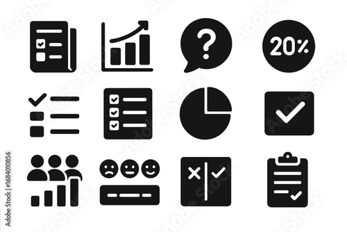 Survey Feedback Icons. Solid style icons of survey feedback: survey icon, poll results, question bubble, response percentage,
