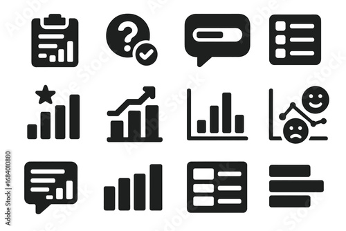 Solid Style Survey Icons. Solid style icons of survey polls: poll within survey, question icon with checkmark, progress bar bubble
