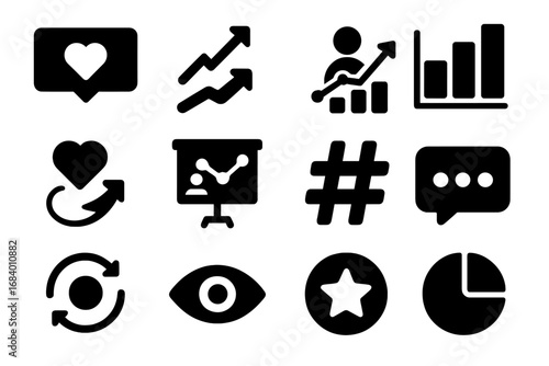 Social Media Metrics Icons. Solid style icons of social media statistics: like count, share trend, follower growth, reach bar,