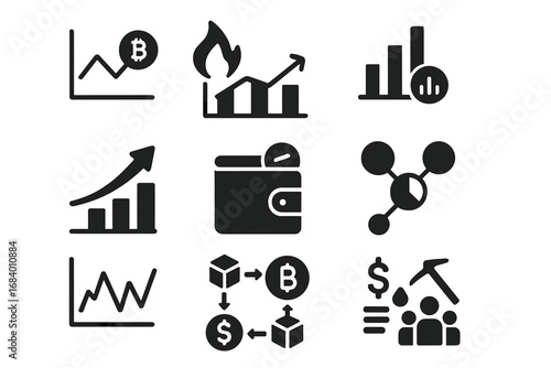 Cryptocurrency Icon Set. Solid style icons of cryptocurrency statistics: Bitcoin trend chart, Ethereum gas fee graph, market cap