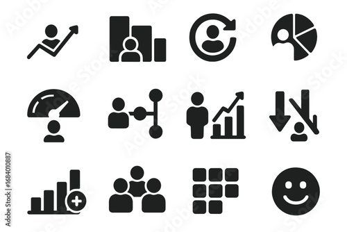 User Analytics Icons. Solid style icons of user analytics: active user graph, user retention chart, registration rate icon,