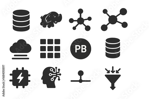 Big Data Icons. Solid style icons of big data: data cluster, Hadoop icon, distributed network, node connection, cloud computing,